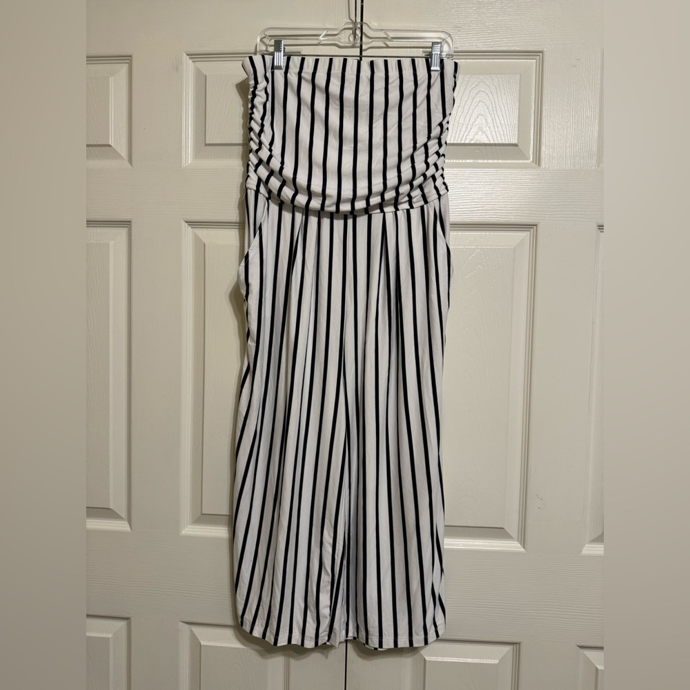 J for Justify Black & White Vertical Stripe Strapless Jumpsuit